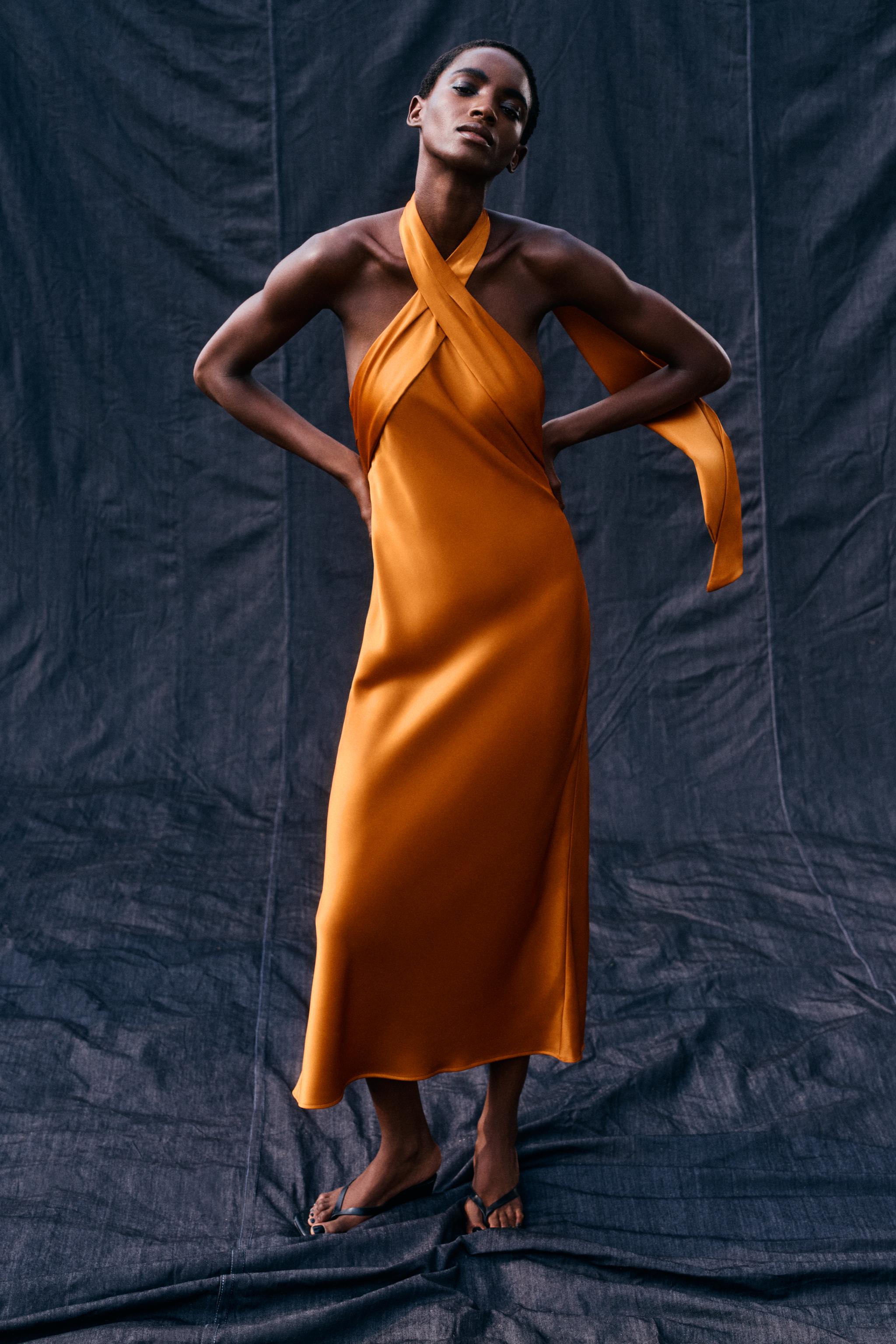 SATIN HALTER MIDI DRESS